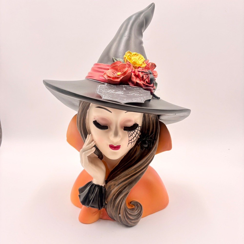 Bella Lux Halloween Glam Witch Lady Head Bust Floral Hat Spiderweb Decor NEW